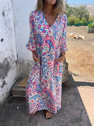 Printed V-neck Pullover Long-sleeved Loose Dress