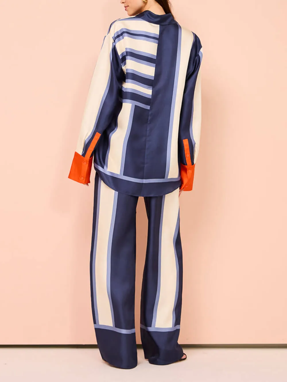 Exquisite Unique Striped Print Patchwork Kutton Oversized Blouse