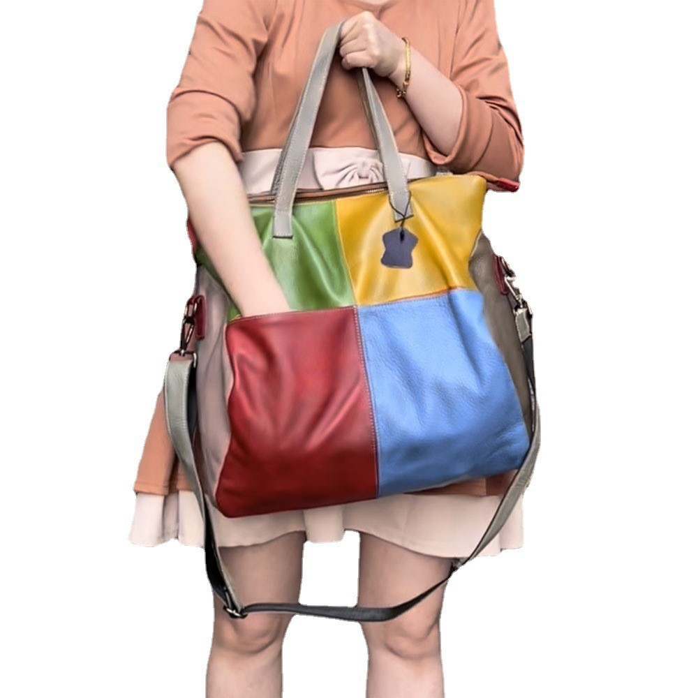 Leather Vintage Handmade Colorblock Tote Crossbody Bag